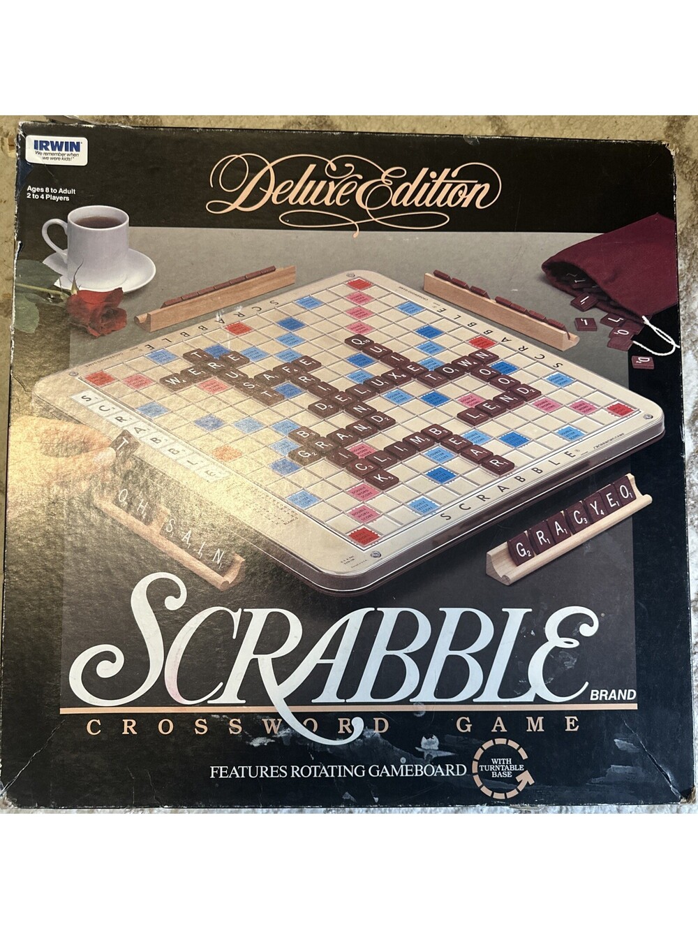 Vintage 1989 Scrabble Deluxe Edition Irwin Rotating Board 100 Tiles 4 Racks